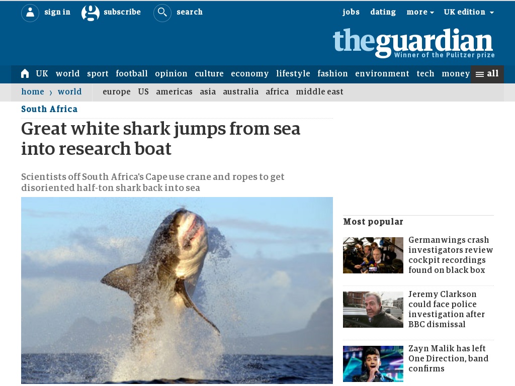 Random link to http://www.guardian.co.uk/world/2011/jul/19/great-white-shark-jumps-boat