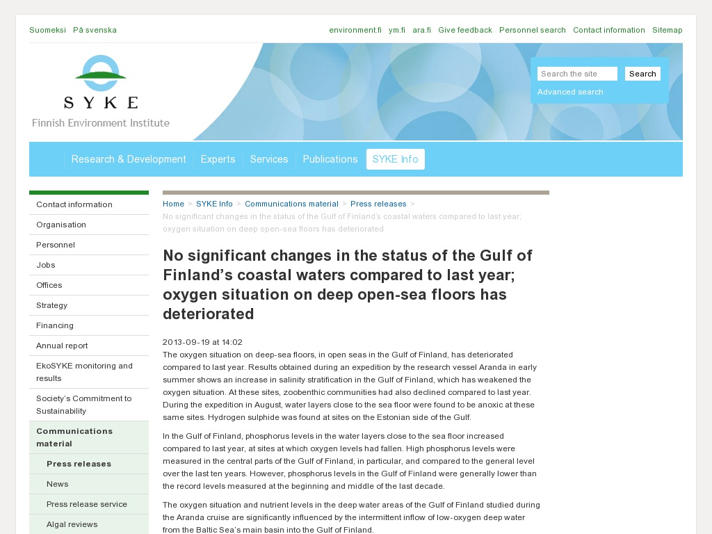Random link to http://www.syke.fi/en-US/SYKE_Info/Communications_material/Press_releases/No_significant_changes_in_the_status_of_