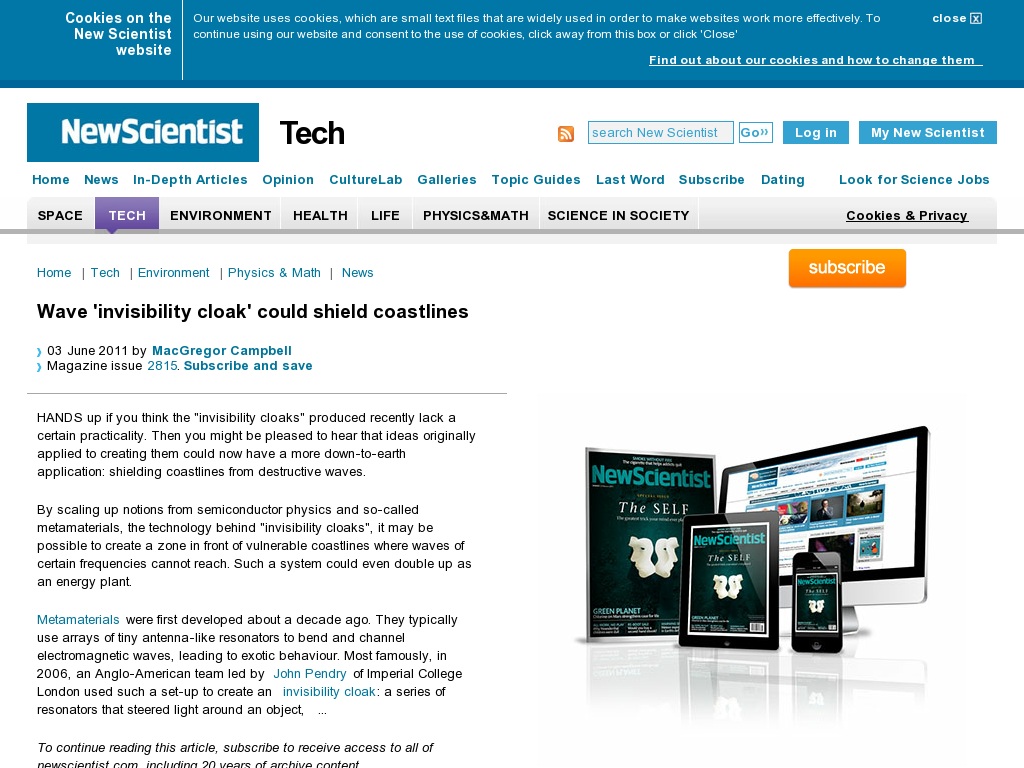 Random link to http://www.newscientist.com/article/mg21028154.500-wave-invisibility-cloak-could-shield-coastlines.html