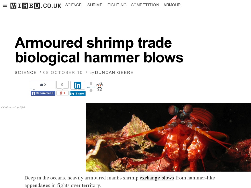 Random link to http://www.wired.co.uk/news/archive/2010-10/08/armoured-shrimp-trade-biological-hammer-blows